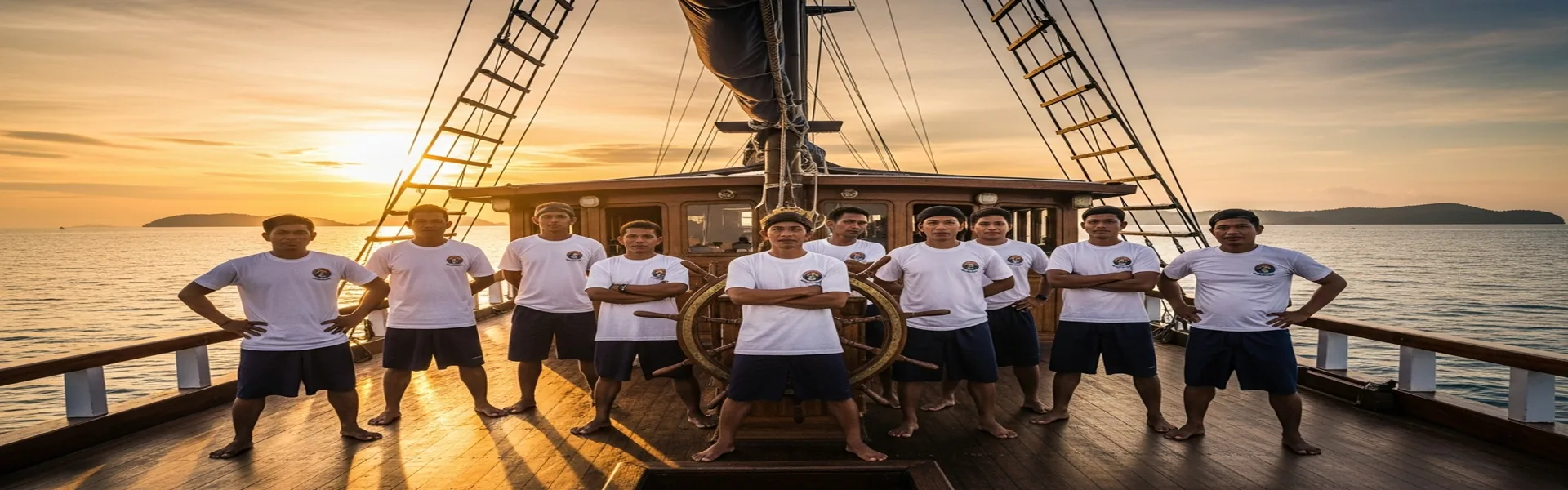 Phinisi boat crew on deck at sunset
