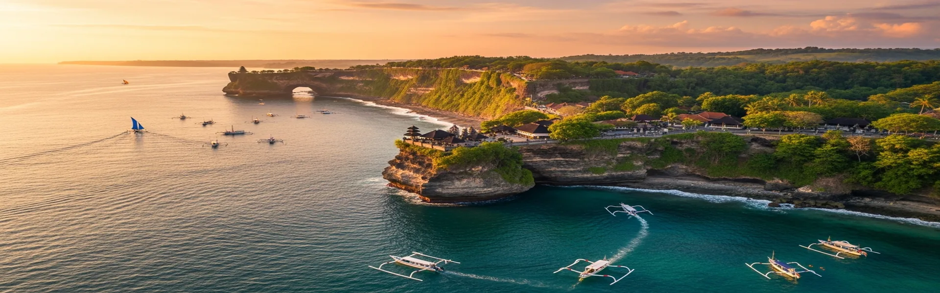 Bali coastline aerial with temples and turquoise ocean