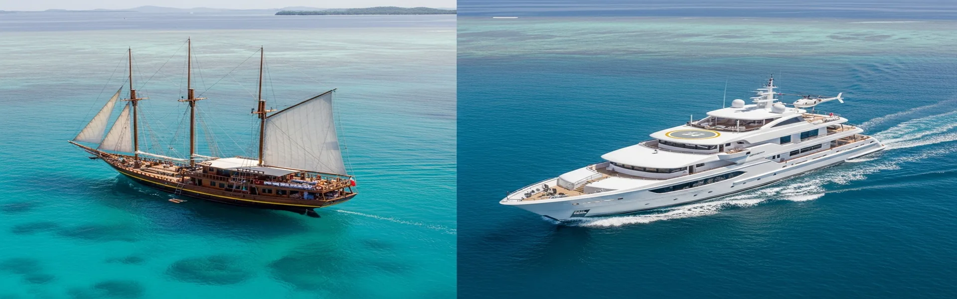 Phinisi and yacht compared side by side in Komodo waters