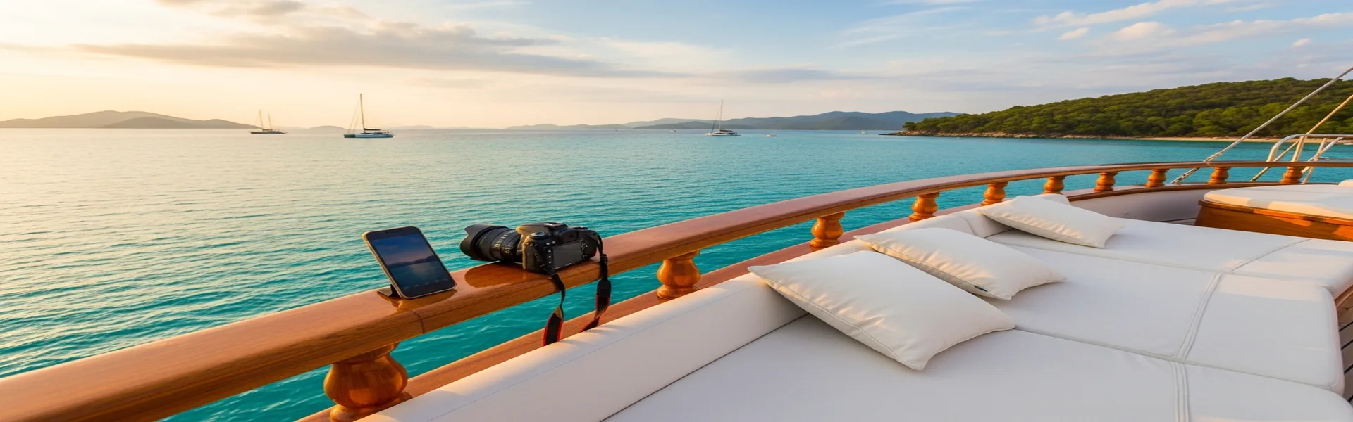 Luxury boat deck overlooking turquoise bay golden hour