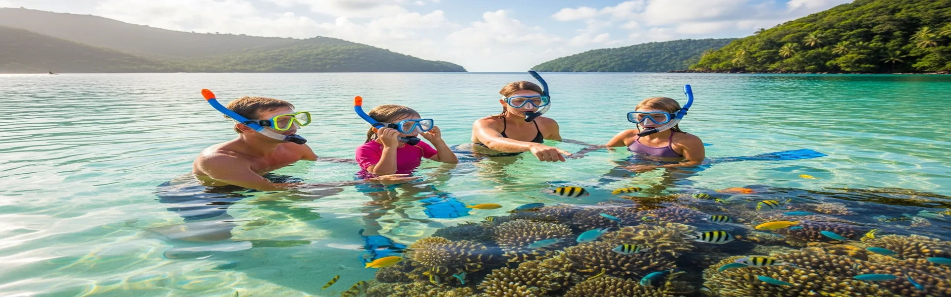 Family snorkeling in crystal clear Komodo waters