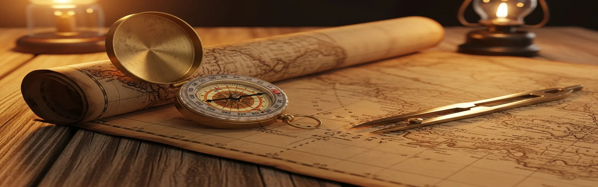Nautical compass and map on wooden table