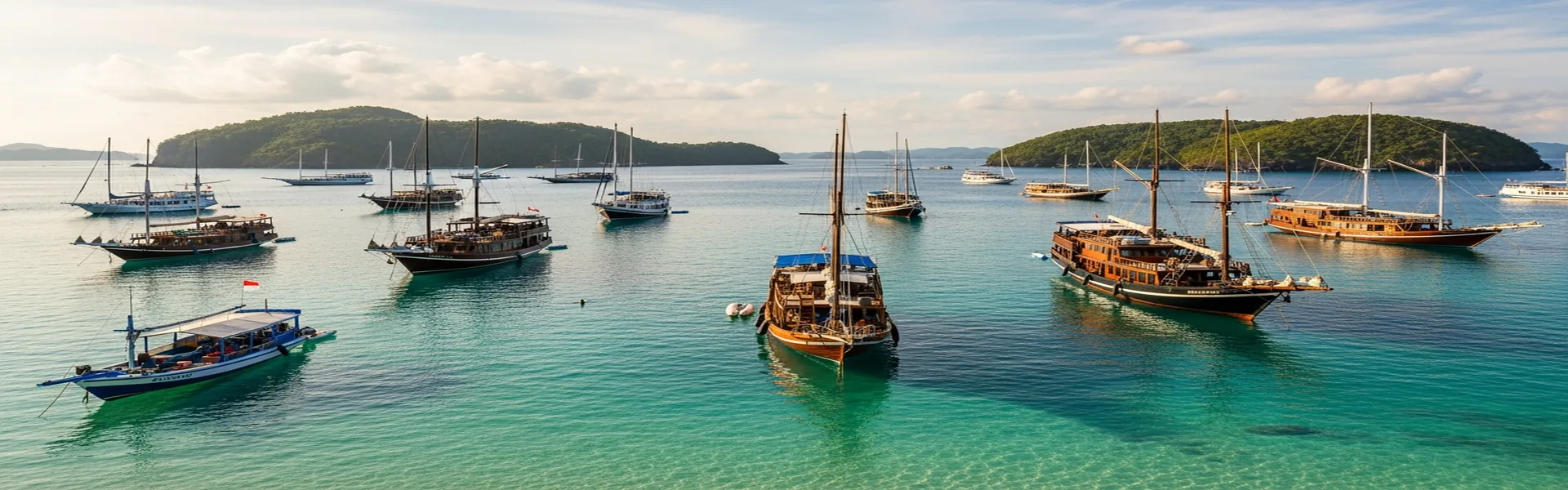Multiple phinisi boats anchored in turquoise bay