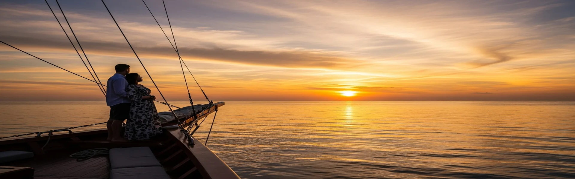 Romantic couple silhouette on phinisi boat at sunset