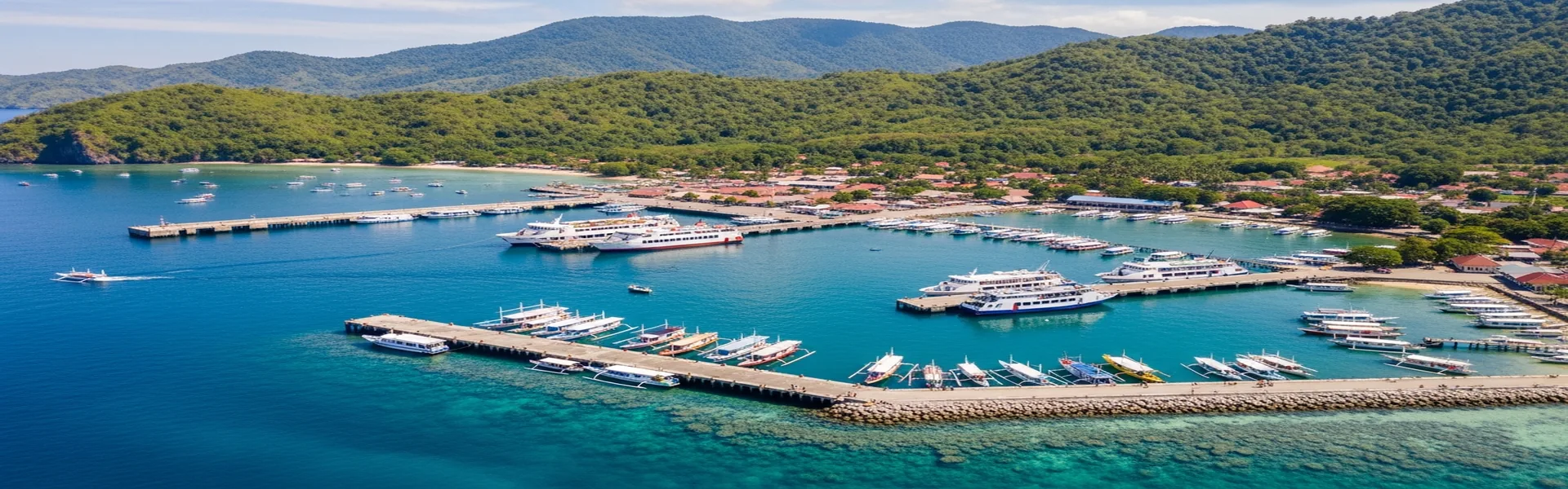 Kayangan Harbor Lombok with boats and green mountains