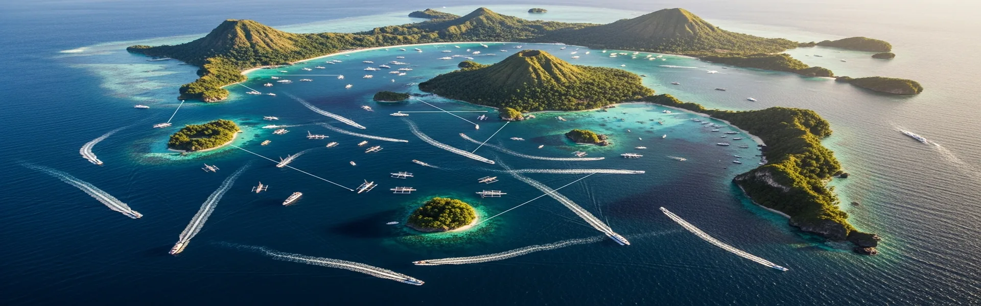 Indonesian islands aerial with boat trails Komodo route