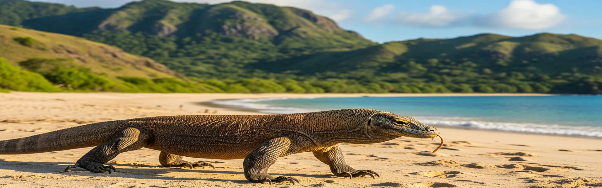 Komodo dragon on beach with turquoise ocean