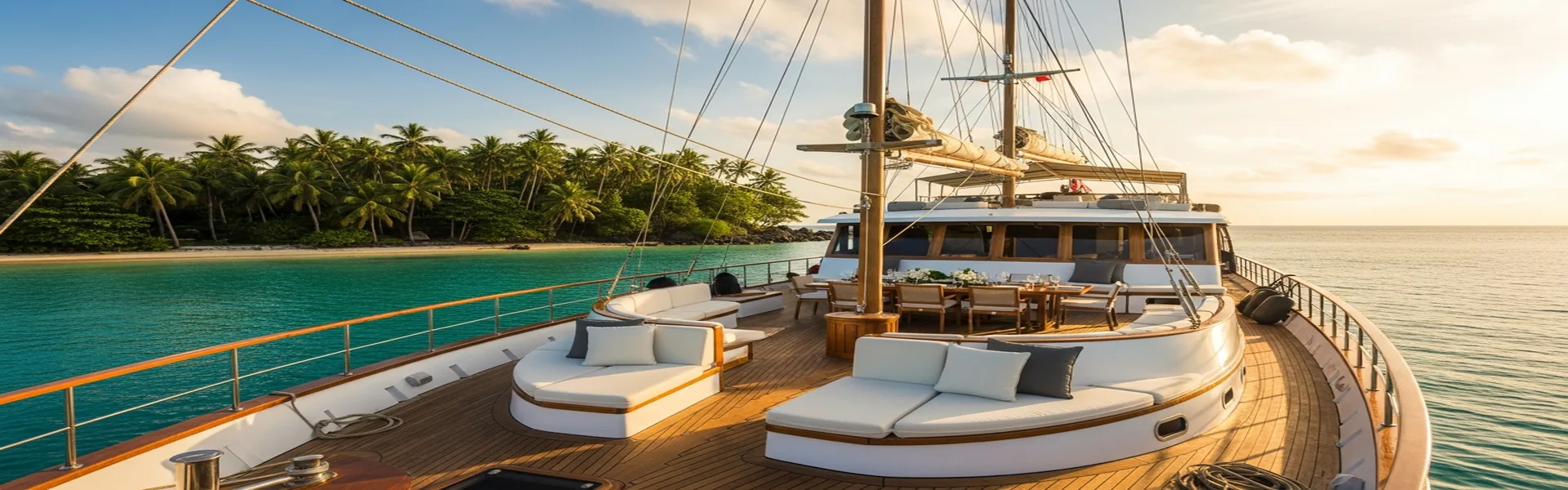 Luxury Indonesian phinisi yacht anchored in turquoise Komodo bay