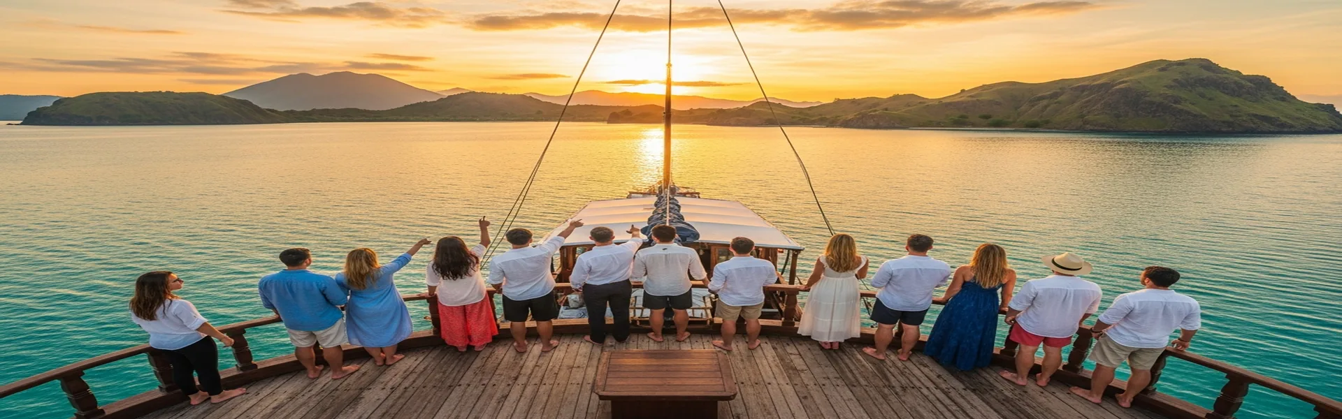 Travelers on phinisi deck watching Komodo sunset during open trip cruise