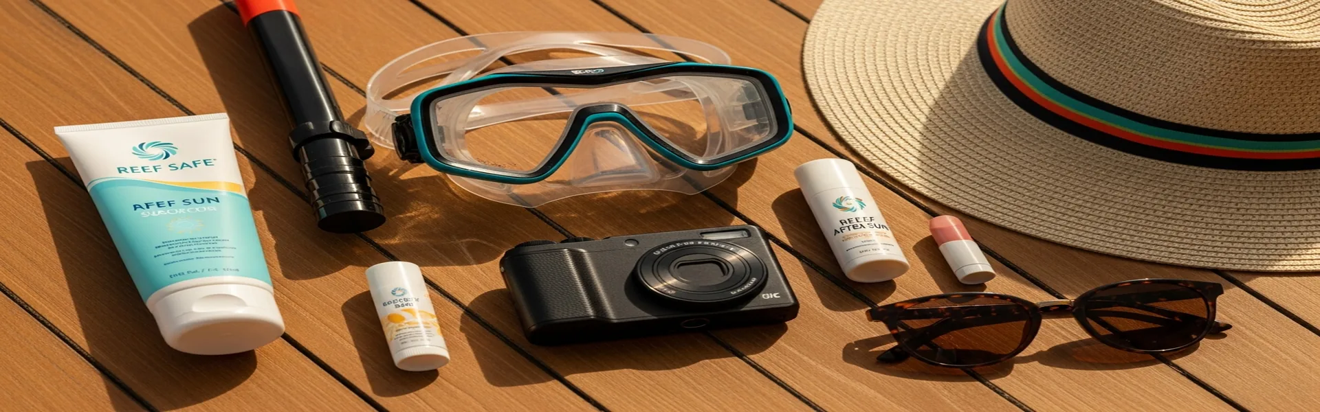 Tropical cruise travel essentials flat lay on teak wood