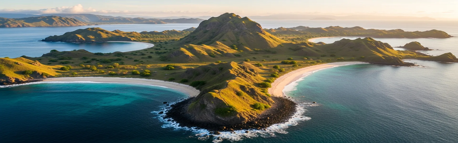Aerial view Padar Island three bays colored beaches
