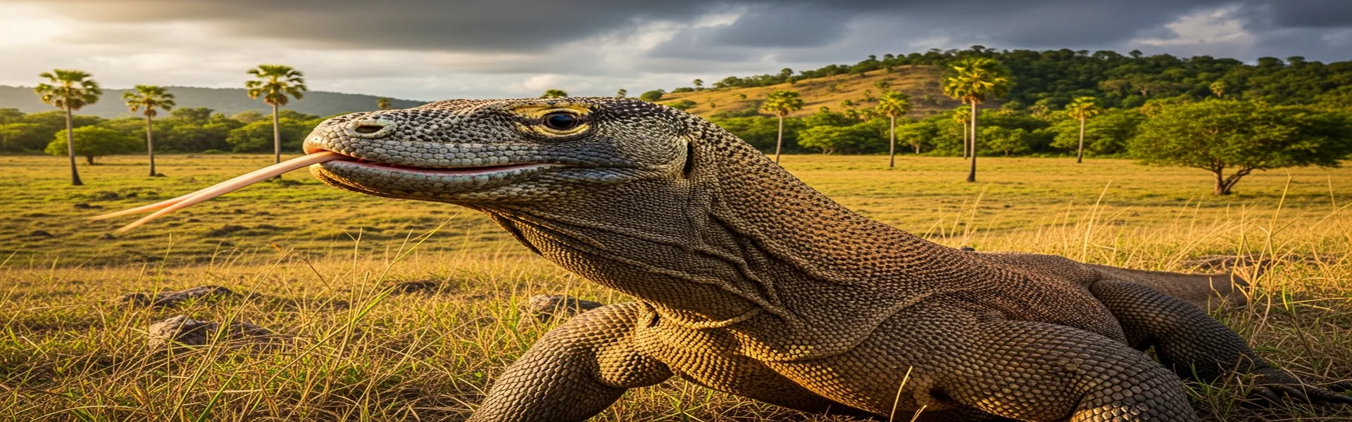 Komodo dragon on Rinca Island savanna grassland