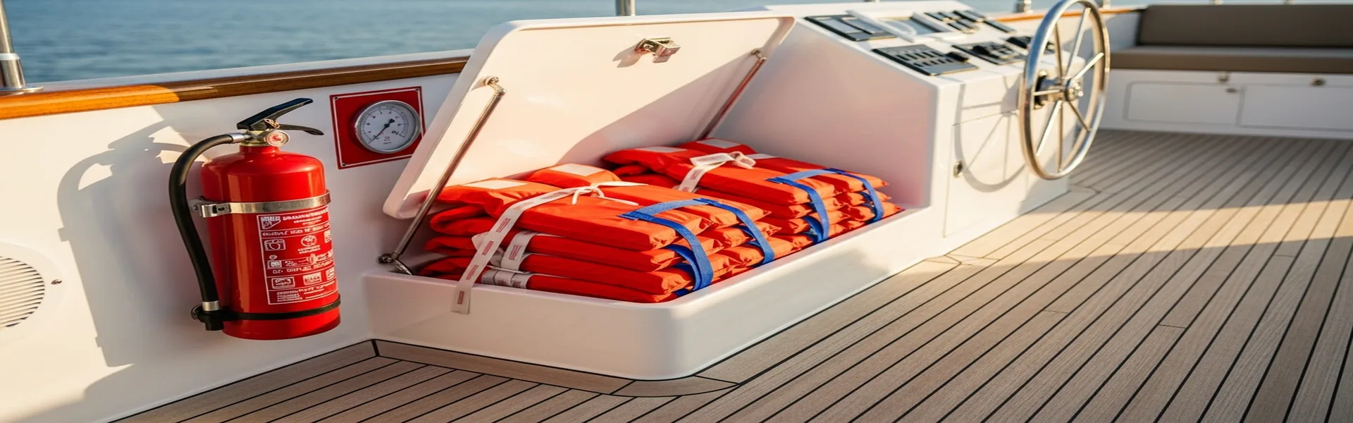 Safety equipment on luxury Komodo cruise boat deck